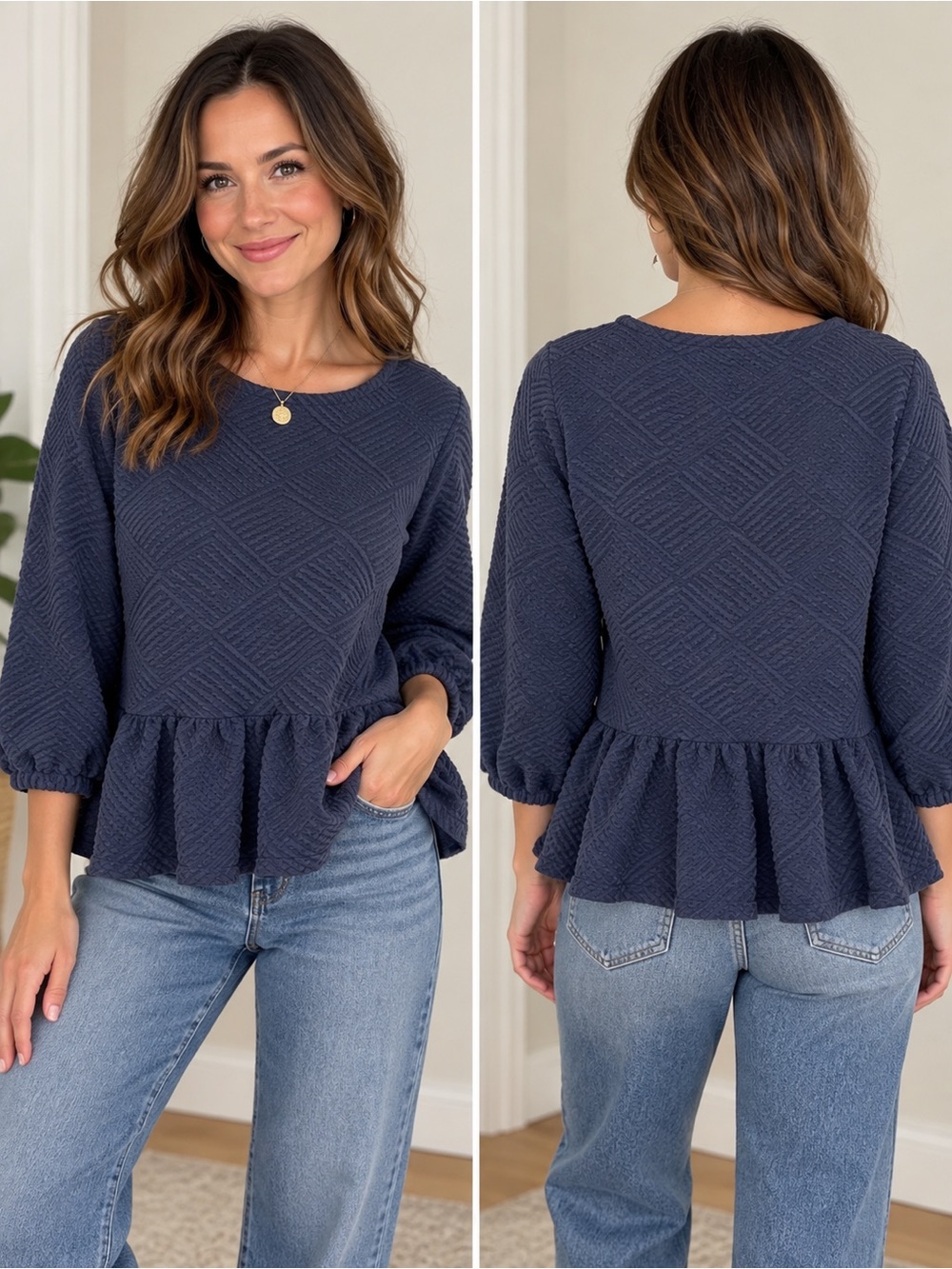 Anthropologie Maeve Navy Textured Peplum Top Puff Sleeve XS Oversized
